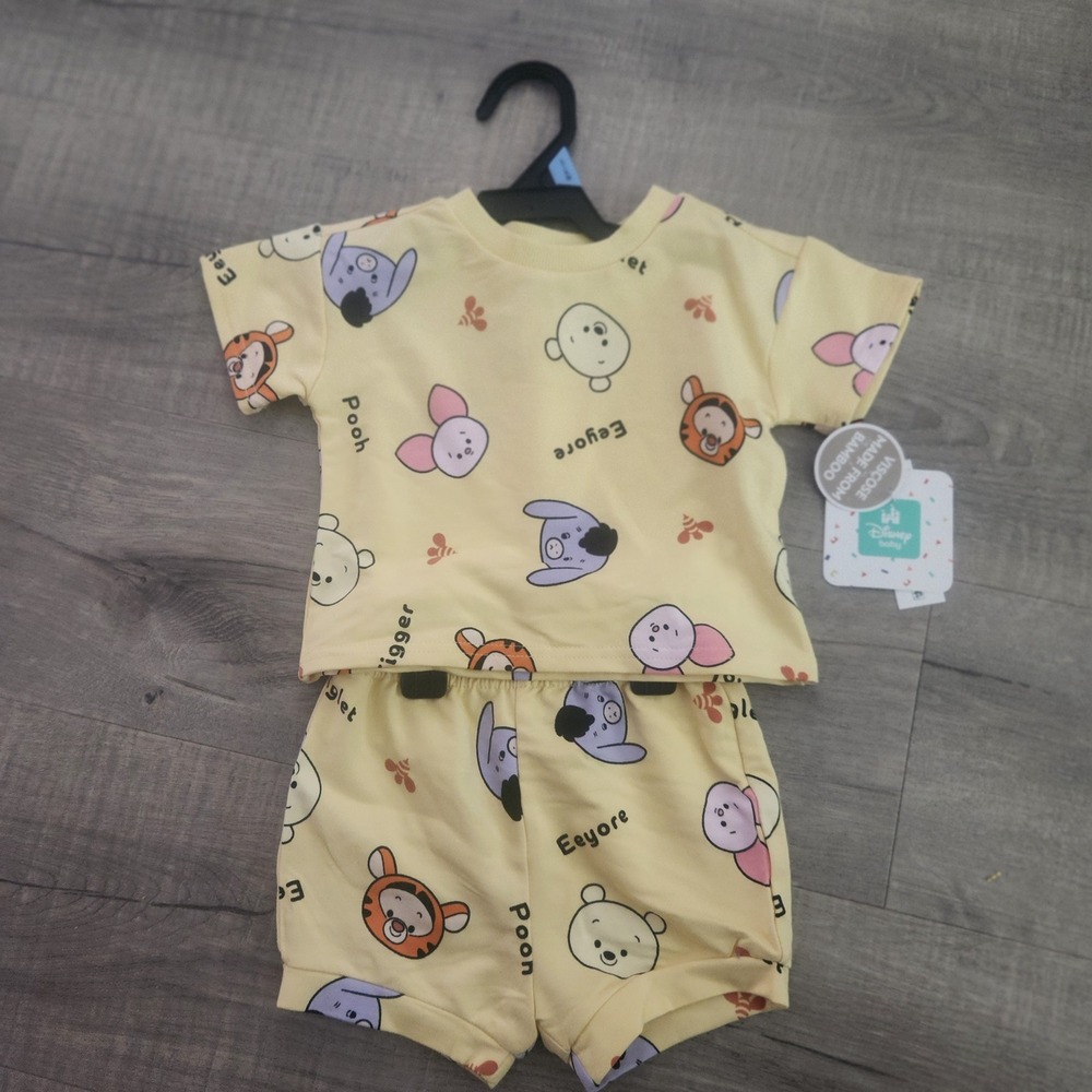 Disney Baby Winnie the Pooh Bamboo Viscose 2pc Set Yellow Tigger Eeyore  3/6 M